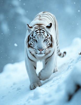 The primary subject of the image is a white tiger walking through the snow. The setting is a snowy environment, with the tiger walking on a snow-covered hill. The visual style of the image is a photo, capturing the tiger in its natural habitat. The colors and mood of the image are predominantly white, with the snow creating a serene and peaceful atmosphere.